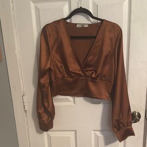 Elegant Satin Brown V-Neck Crop Top
